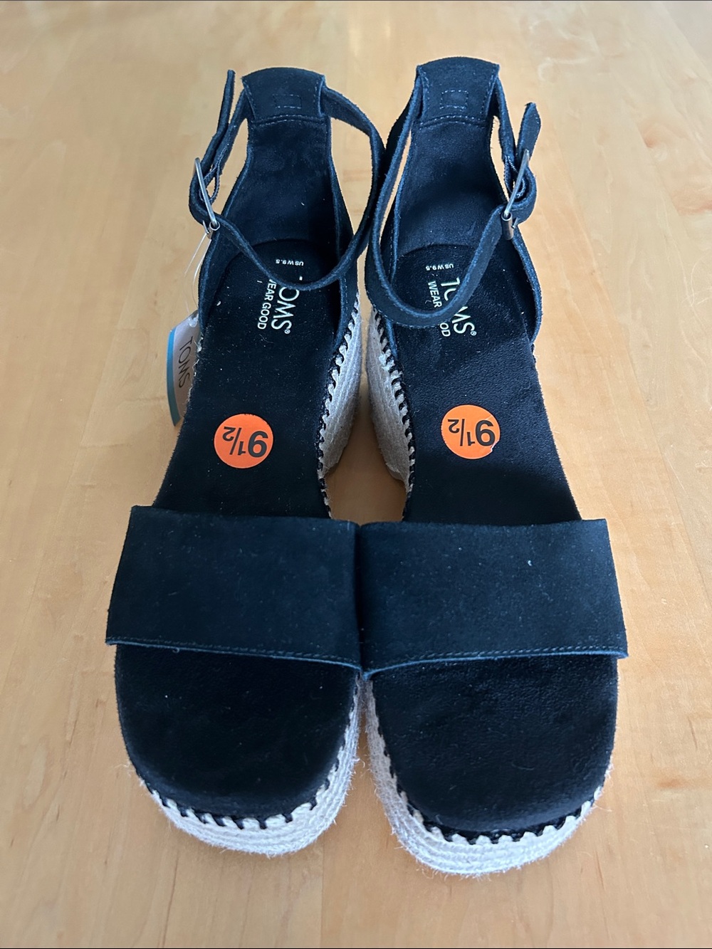 Toms Laila Black Suede Espadrille Wedge Sandal with Ankle Strap Sz 9.5 NWT $90
